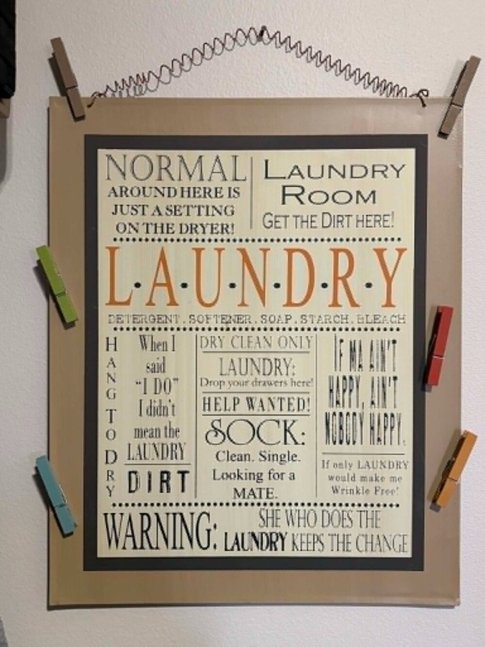 Metal Laundry Sign for Room Decor 15 X 19 With Clothespin Magnets